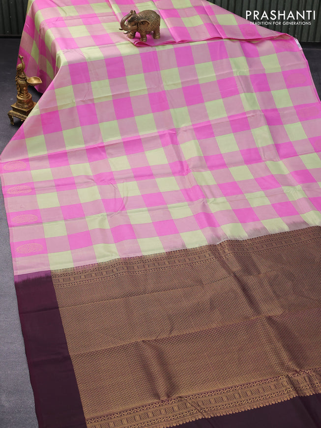 Pure kanjivaram silk saree multi colour and deep wine shade with paalum pazhamum checked pattern in borderless style