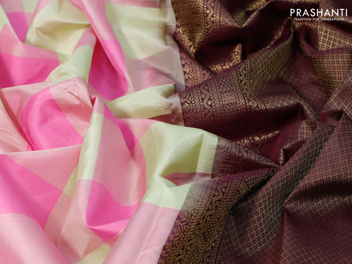 Pure kanjivaram silk saree multi colour and deep wine shade with paalum pazhamum checked pattern in borderless style