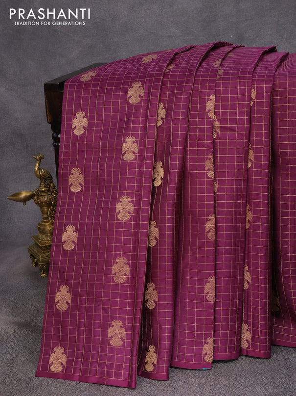 Pure kanjivaram silk saree deep purple and teal blue with allover zari checks & peacock buttas in borderless style