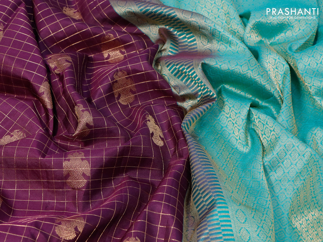 Pure kanjivaram silk saree deep purple and teal blue with allover zari checks & peacock buttas in borderless style