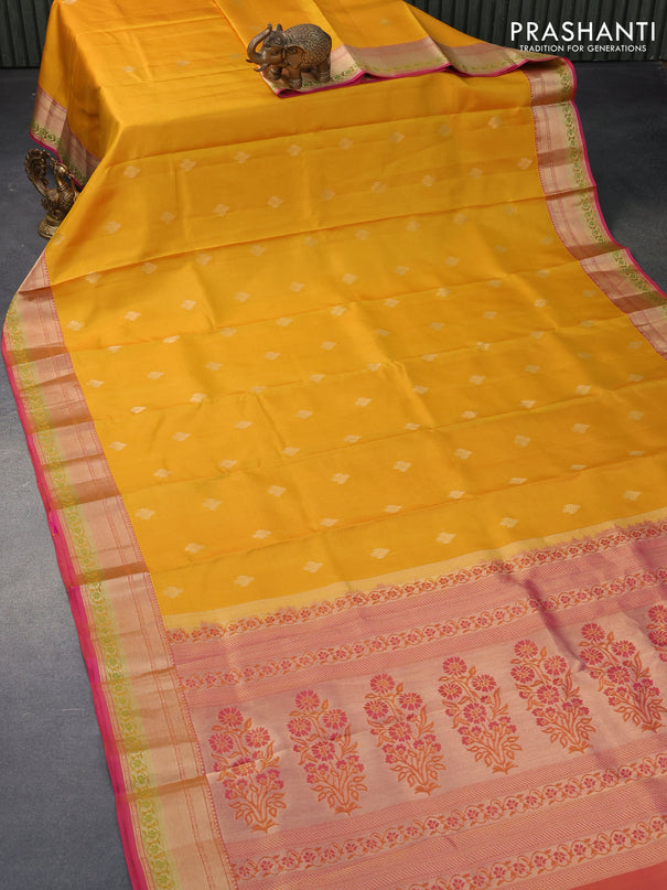 Pure kanjivaram silk saree mango yellow and pink with zari woven buttas and zari woven border