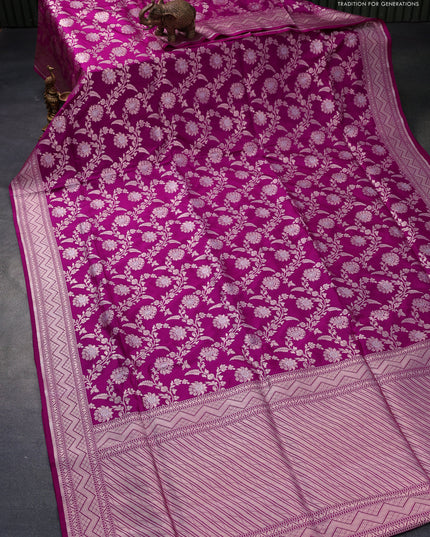 Pure banarasi uppada silk saree dark magenta pink with allover zari woven floral weaves and zari woven border