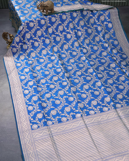 Pure banarasi uppada silk saree dual shade of bluish green with allover zari woven floral weaves and zari woven border