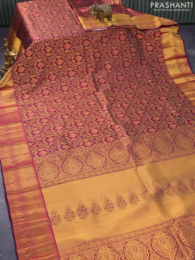 Pure kanjivaram silk saree deep maroon with allover zari woven brocade weaves and zari woven paisley design border