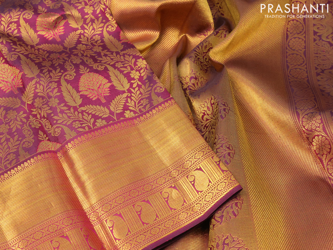 Pure kanjivaram silk saree deep maroon with allover zari woven brocade weaves and zari woven paisley design border