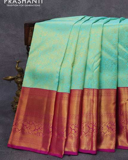 Pure kanjivaram silk saree teal green and magenta pink with allover zari woven brocade weaves and long zari woven border