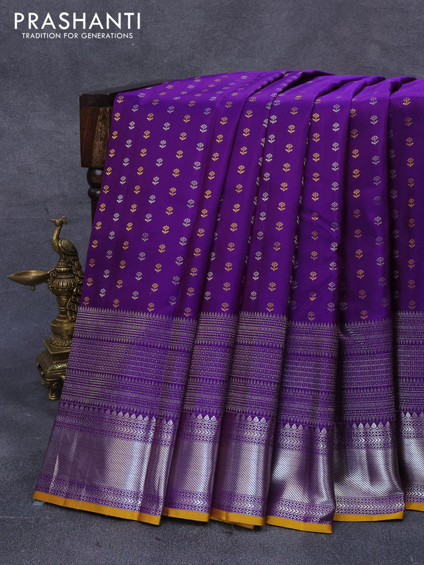 Pure kanjivaram silk saree deep violet and mustard yellow with silver & gold zari woven butta weaves and long silver zari woven border