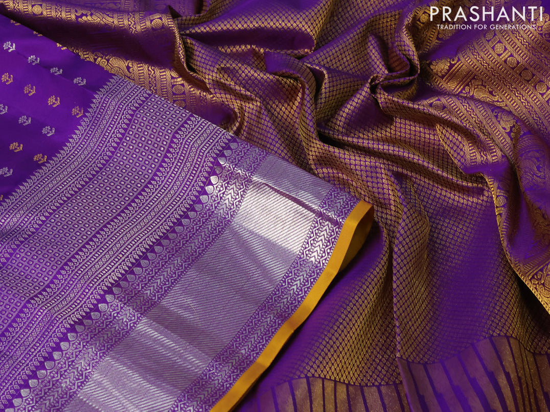 Pure kanjivaram silk saree deep violet and mustard yellow with silver & gold zari woven butta weaves and long silver zari woven border