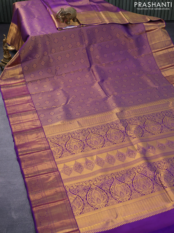 Pure kanjivaram silk saree violet with allover zari woven brocade weaves and zari woven floral border