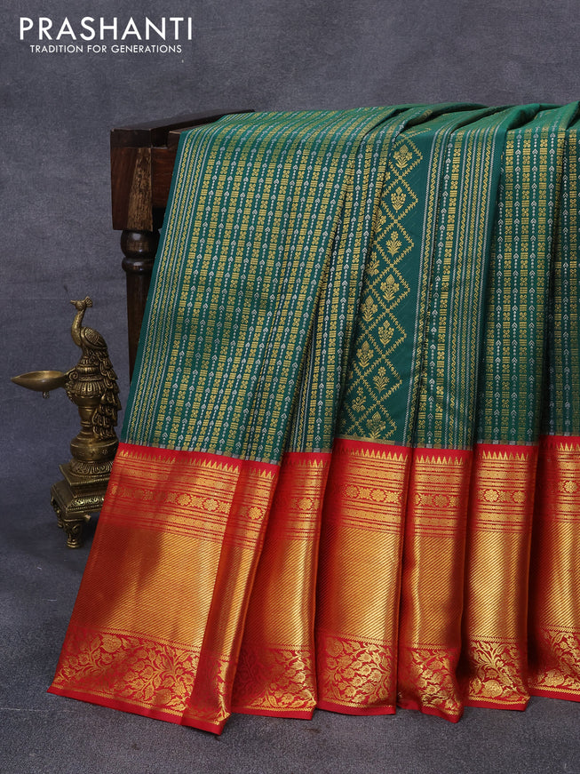 Pure kanjivaram silk saree green and red with silver & gold zari woven brocade weaves and long zari woven border
