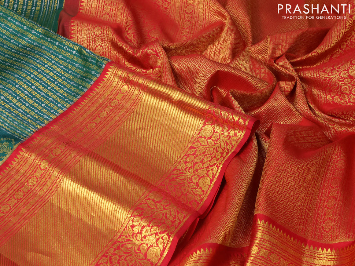 Pure kanjivaram silk saree green and red with silver & gold zari woven brocade weaves and long zari woven border