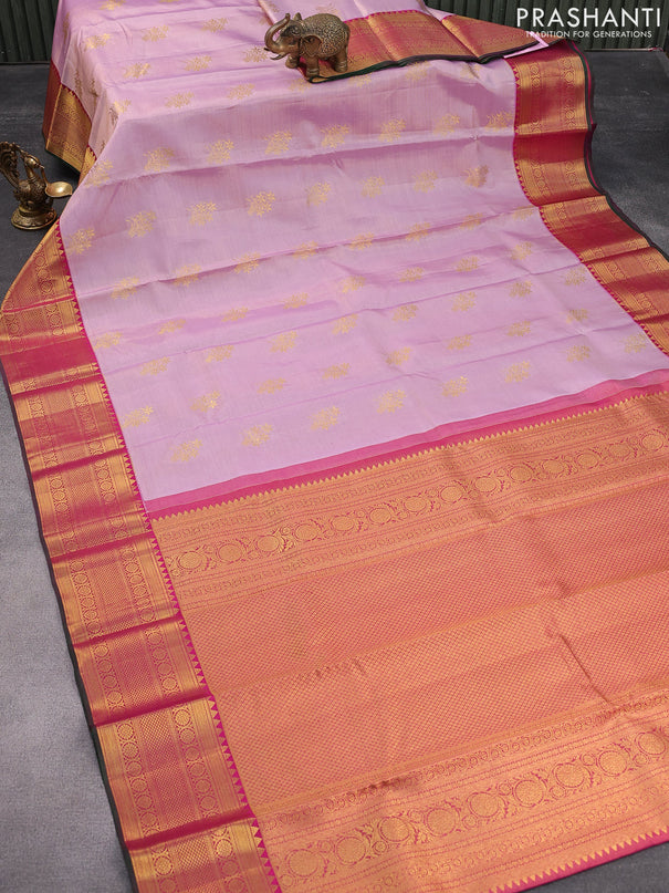 Pure kanjivaram tissue silk saree lavender shade and pink with silver zari woven floral buttas and long zari woven border