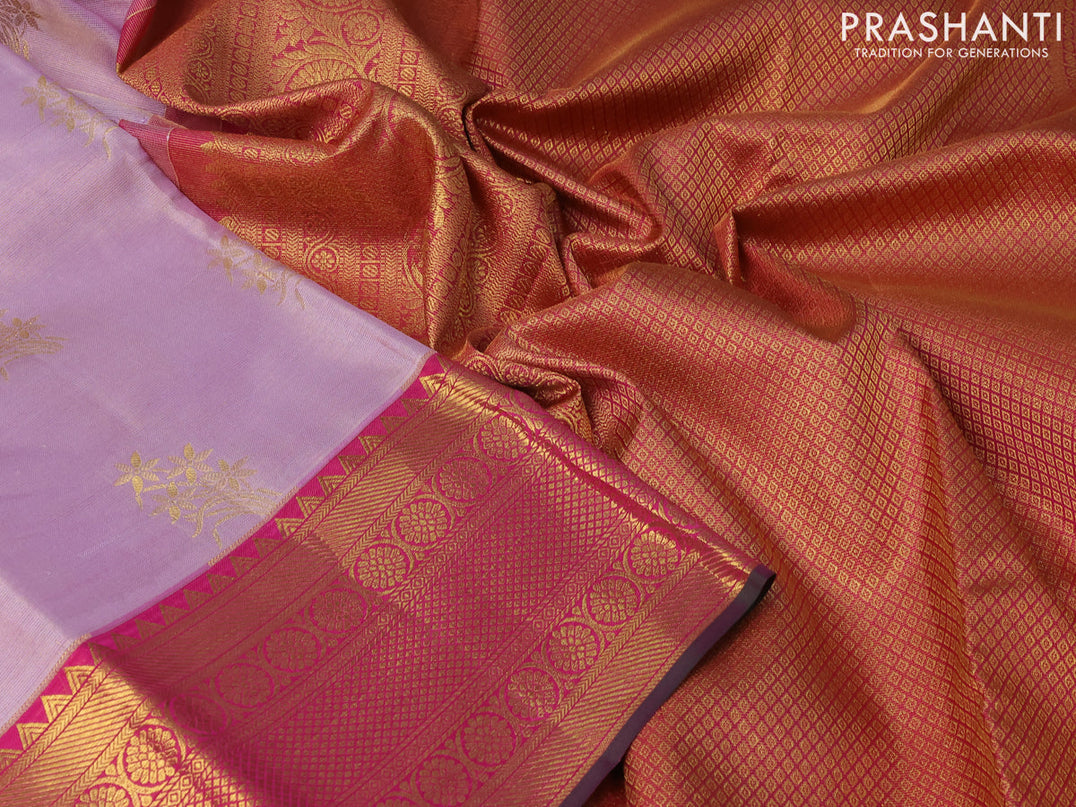 Pure kanjivaram tissue silk saree lavender shade and pink with silver zari woven floral buttas and long zari woven border