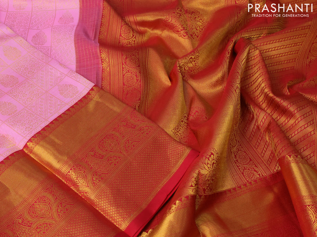 Pure kanjivaram silk saree candy pink and red with allover zari woven brocade weaves and long zari woven border