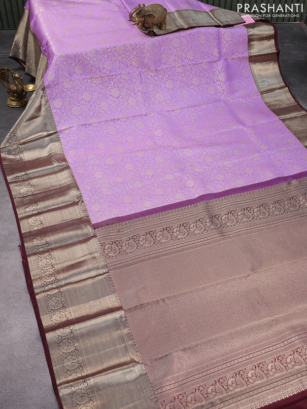 Pure kanjivaram silk saree lavender shade and deep brown with allover silver zari woven brocade weaves and long silver zari woven border