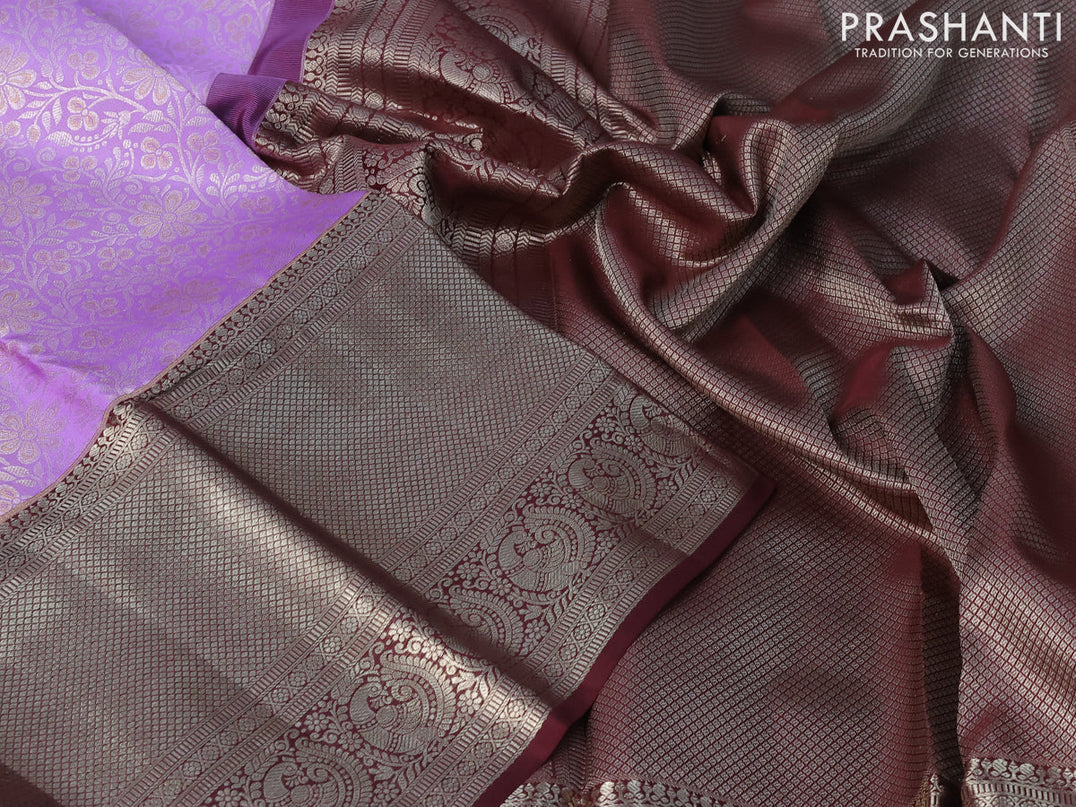 Pure kanjivaram silk saree lavender shade and deep brown with allover silver zari woven brocade weaves and long silver zari woven border