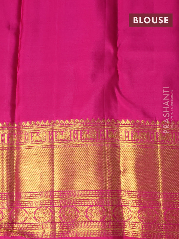 Pure kanjivaram silk saree teal green and pink with allover zari woven brocade weaves and long zari woven border