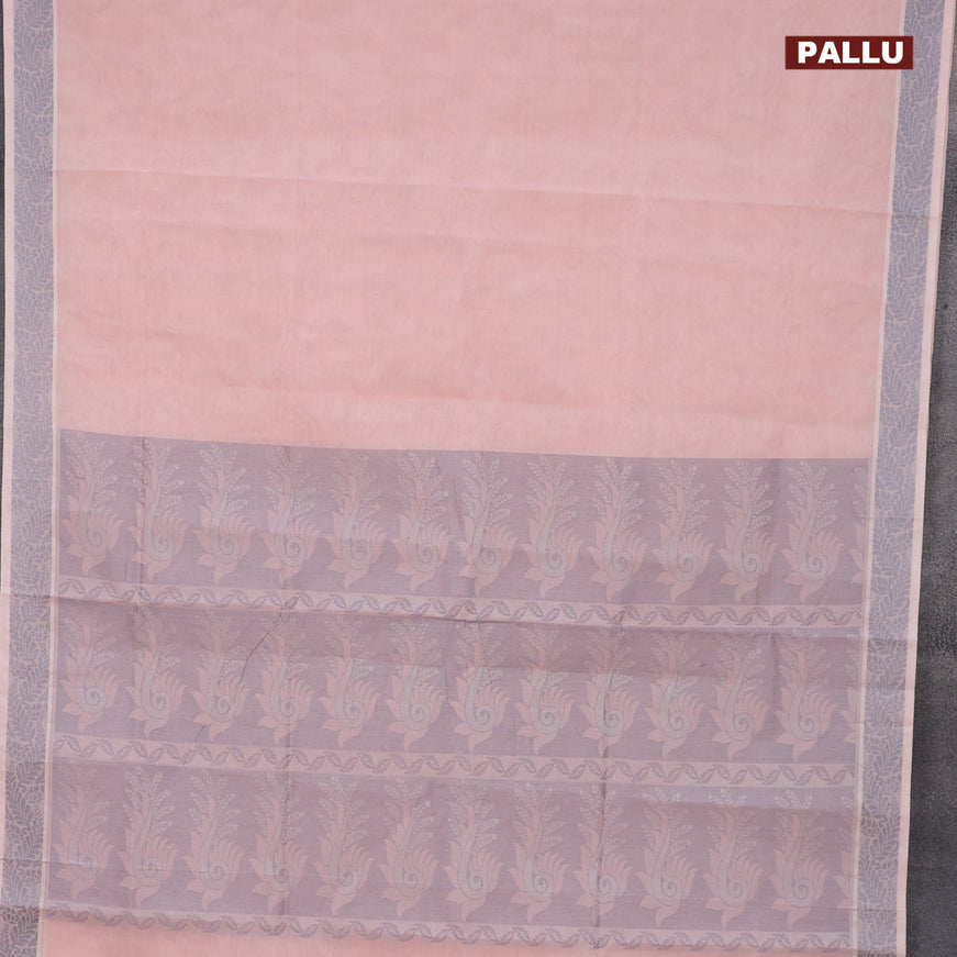 Coimbatore cotton saree peach shade and grey with allover self emboss and thread woven border