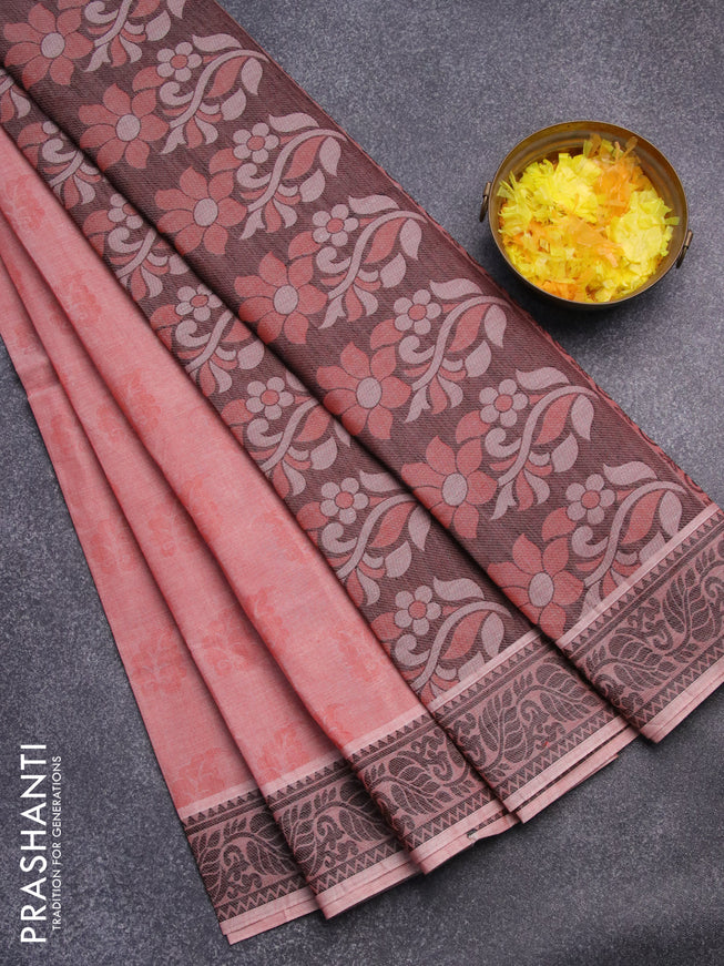 Coimbatore cotton saree rust shade and black with allover self emboss and thread woven border