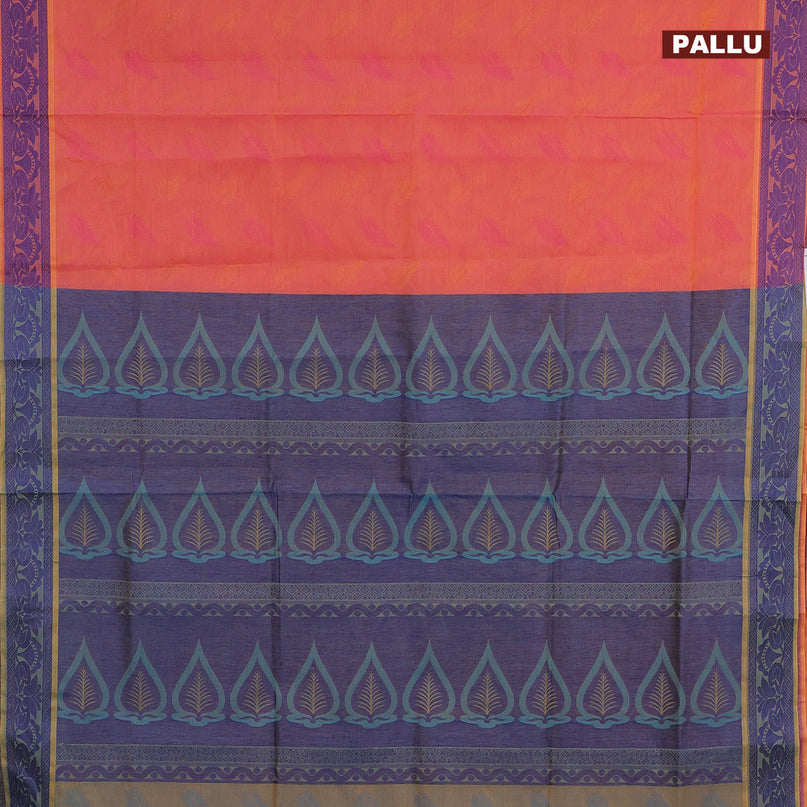 Coimbatore cotton saree dual shade of pinkish yellow and blue with allover self emboss and thread woven border