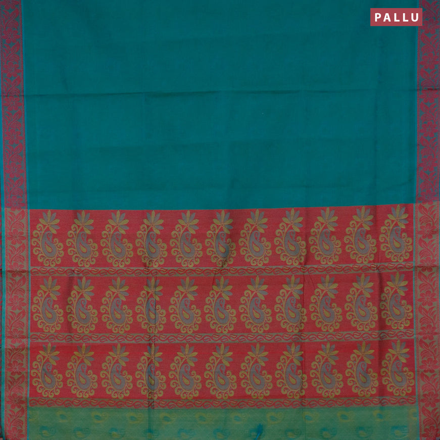 Coimbatore cotton saree dual shade of bluish green and dual shade of light green shade with allover self emboss and thread woven border