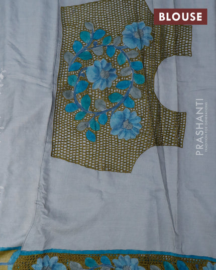 Pure tussar silk saree grey shade and blue with allover lucknowi work and kalamkari printed cut work border
