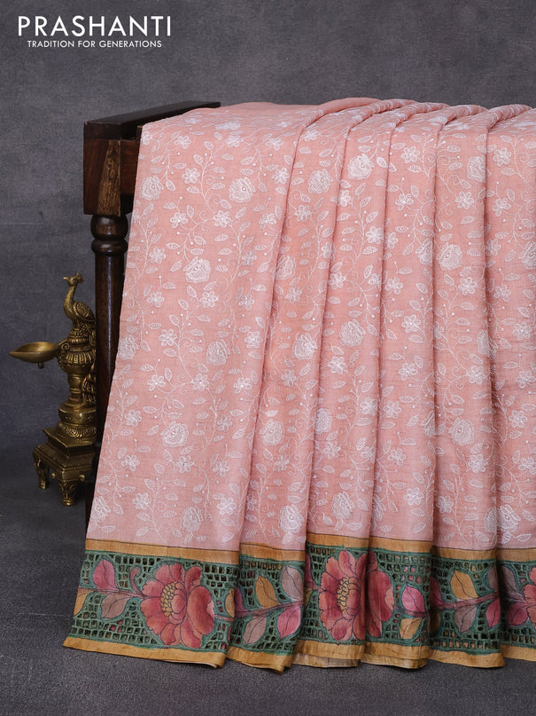 Pure tussar silk saree peach shade with allover lucknowi work and kalamkari printed cut work border