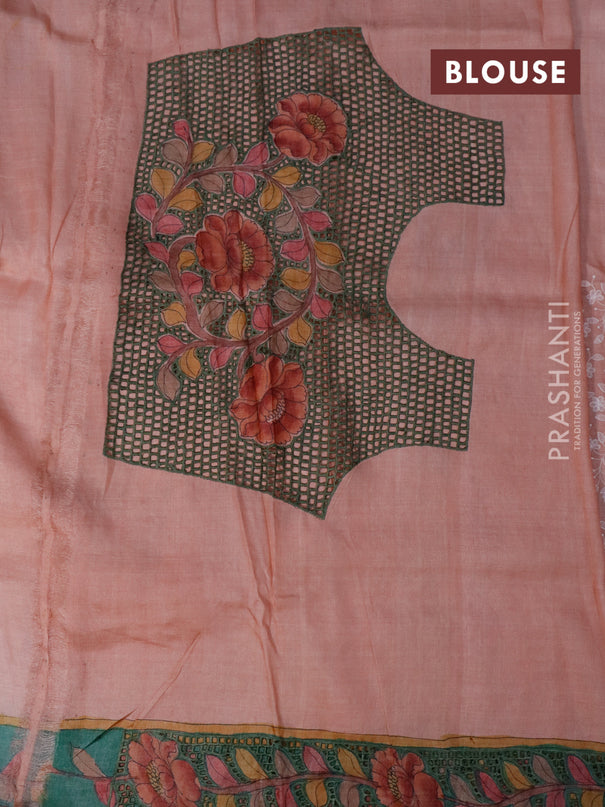 Pure tussar silk saree peach shade with allover lucknowi work and kalamkari printed cut work border
