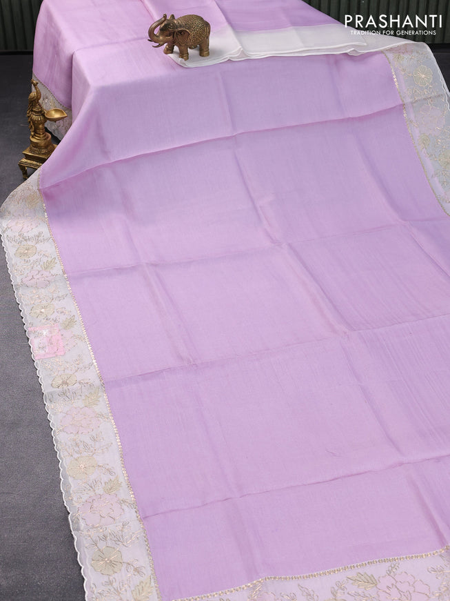 Pure tussar silk saree lavender shade and off white with plain body and organza embroidery work border