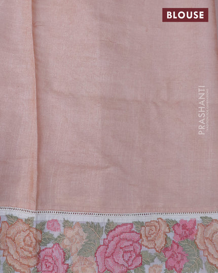 Pure tussar silk saree peach shade and cream with tie & dye prints and floral design embroidery work border