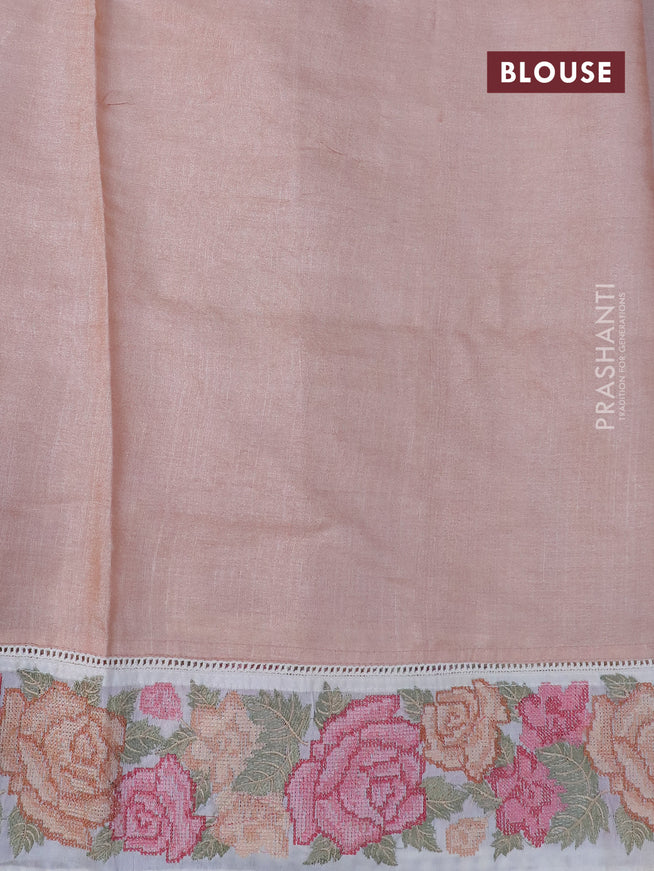 Pure tussar silk saree peach shade and cream with tie & dye prints and floral design embroidery work border