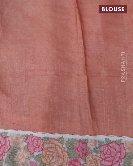 Pure tussar silk saree peach orange and cream with tie & dye prints and floral design embroidery work border