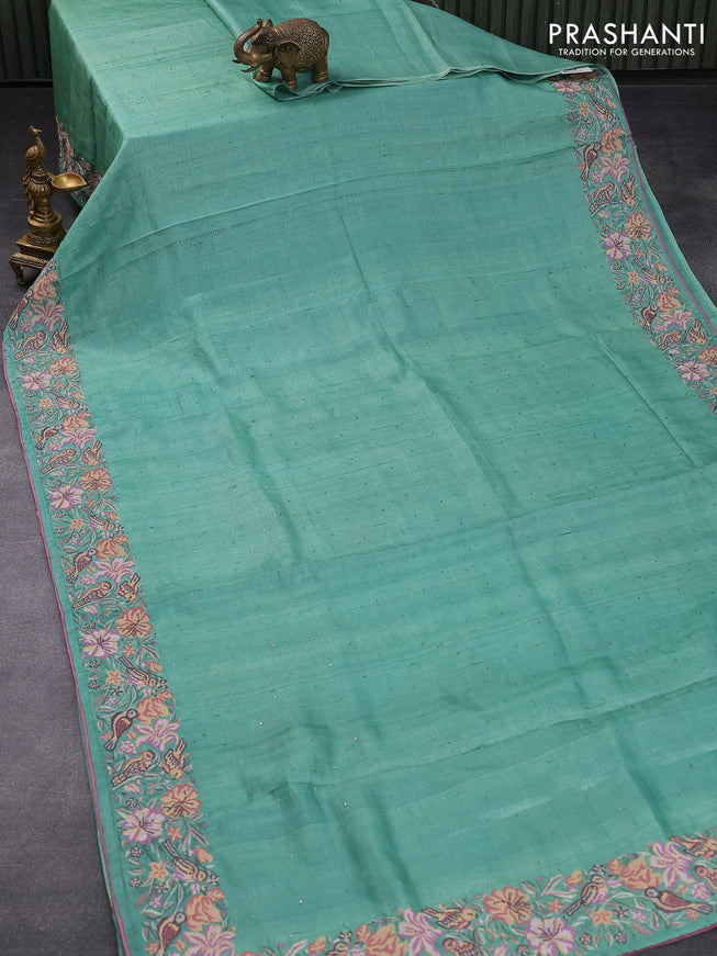 Pure tussar silk saree pastel green and pink with allover zari buttas and floral design embroidery work border