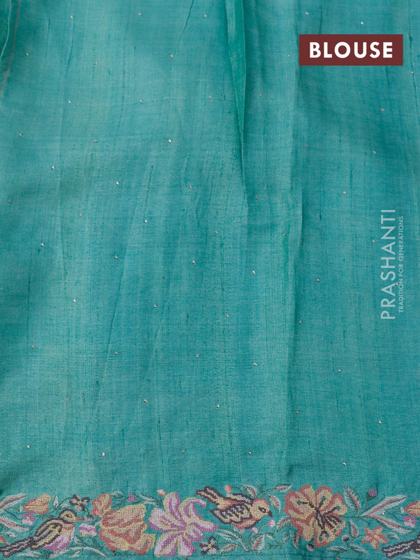 Pure tussar silk saree pastel green and pink with allover zari buttas and floral design embroidery work border