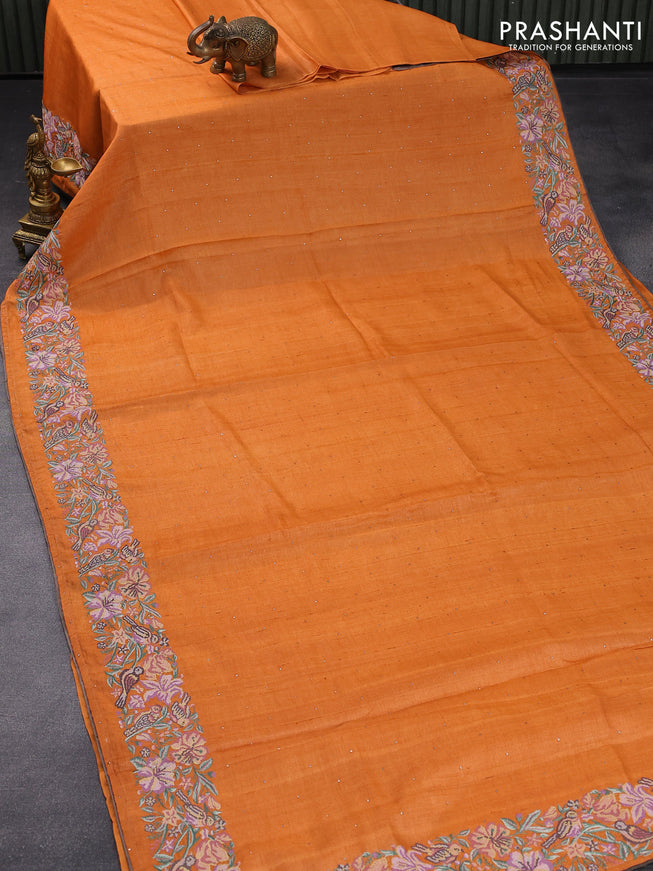 Pure tussar silk saree orange with allover zari buttas and floral design embroidery work border