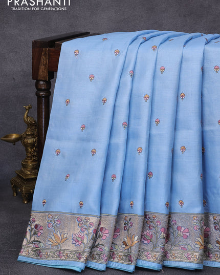 Pure tussar silk saree light blue with allover floral embroidery work buttas and floral embroidery work border