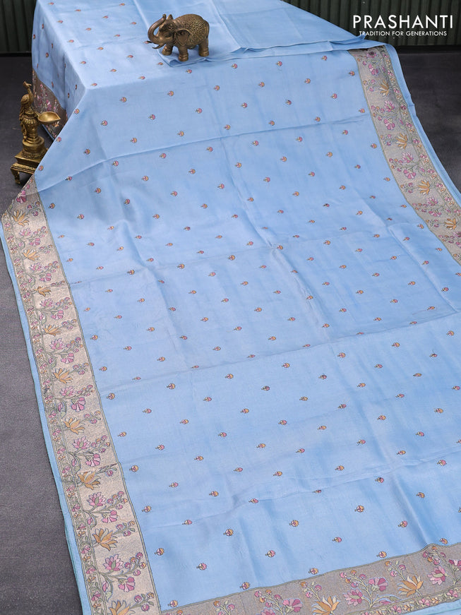 Pure tussar silk saree light blue with allover floral embroidery work buttas and floral embroidery work border