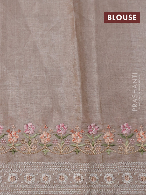 Pure tussar silk saree brown and beige with plain body and floral embroidery work border