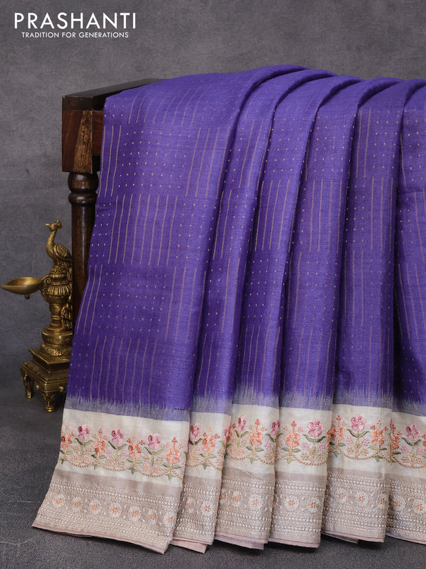 Pure tussar silk saree blue and cream with allover zari weaves and floral embroidery work border