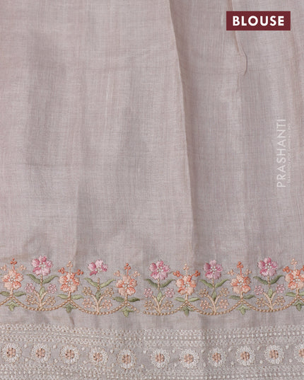 Pure tussar silk saree magenta pink and beige with allover zari weaves and floral embroidery work border