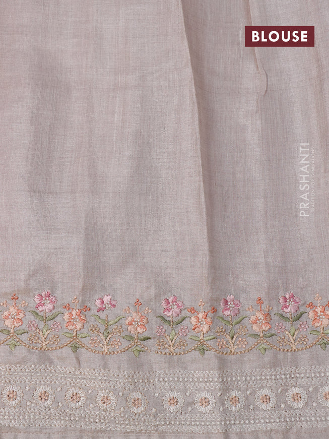 Pure tussar silk saree magenta pink and beige with allover zari weaves and floral embroidery work border