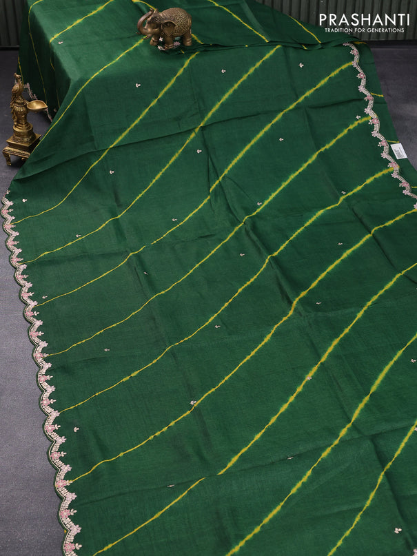 Pure tussar silk saree green with tie & dye prints embroidery work buttas and embroidery work border