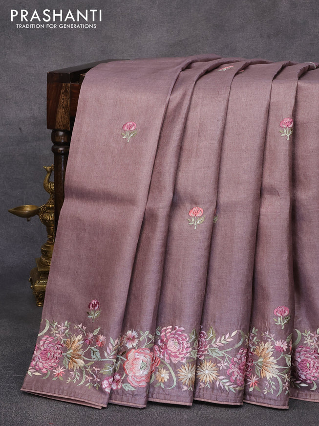 Pure tussar silk saree pastel brown with floral work buttas and floral embroidery work border