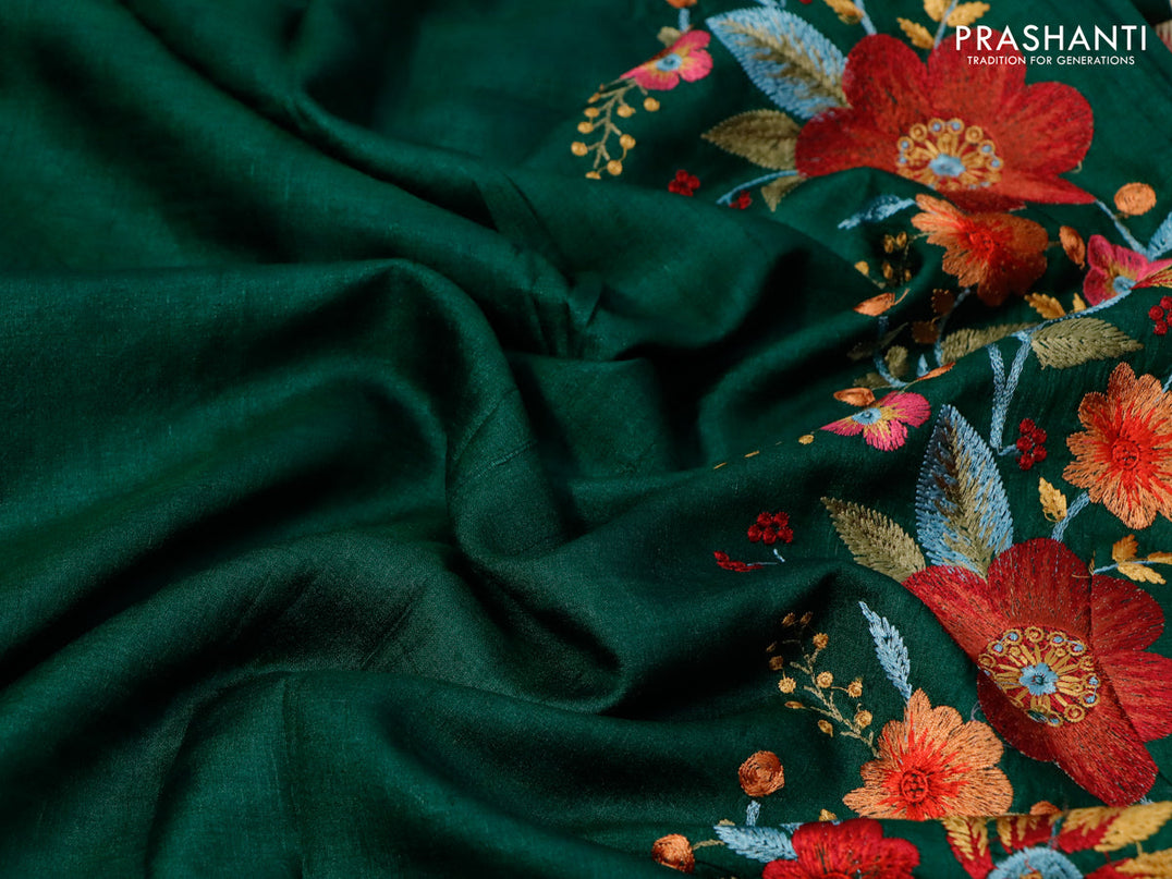 Pure tussar silk saree green with plain body and floral design embroidery work border