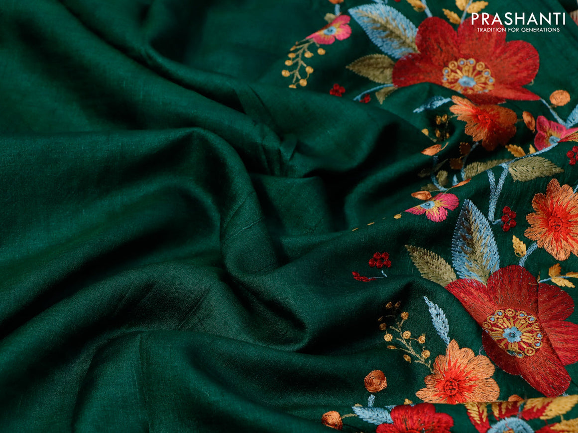 Pure tussar silk saree green with plain body and floral design embroidery work border