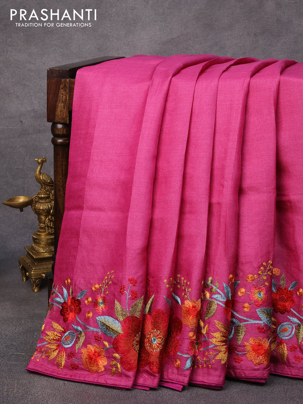 Pure tussar silk saree magenta pink with plain body and floral design embroidery work border