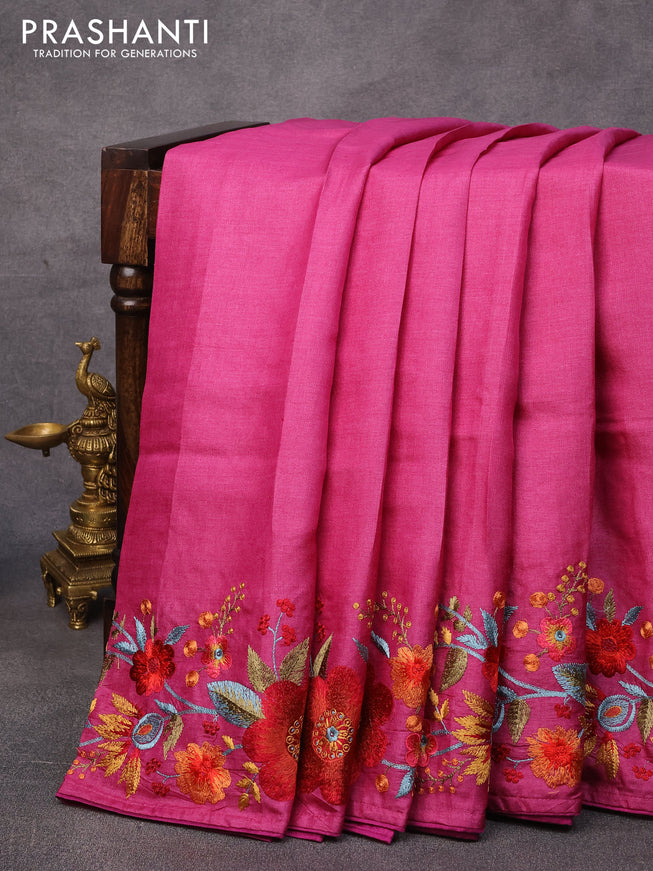 Pure tussar silk saree magenta pink with plain body and floral design embroidery work border