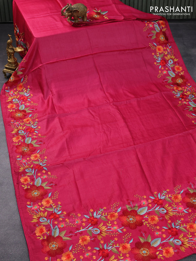 Pure tussar silk saree dark pink with plain body and floral design embroidery work border