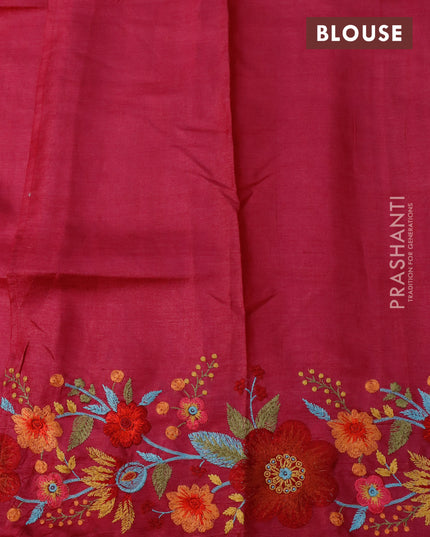 Pure tussar silk saree dark pink with plain body and floral design embroidery work border