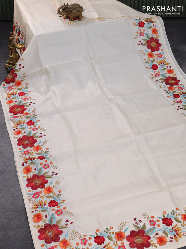 Pure tussar silk saree off white with plain body and floral design embroidery work border